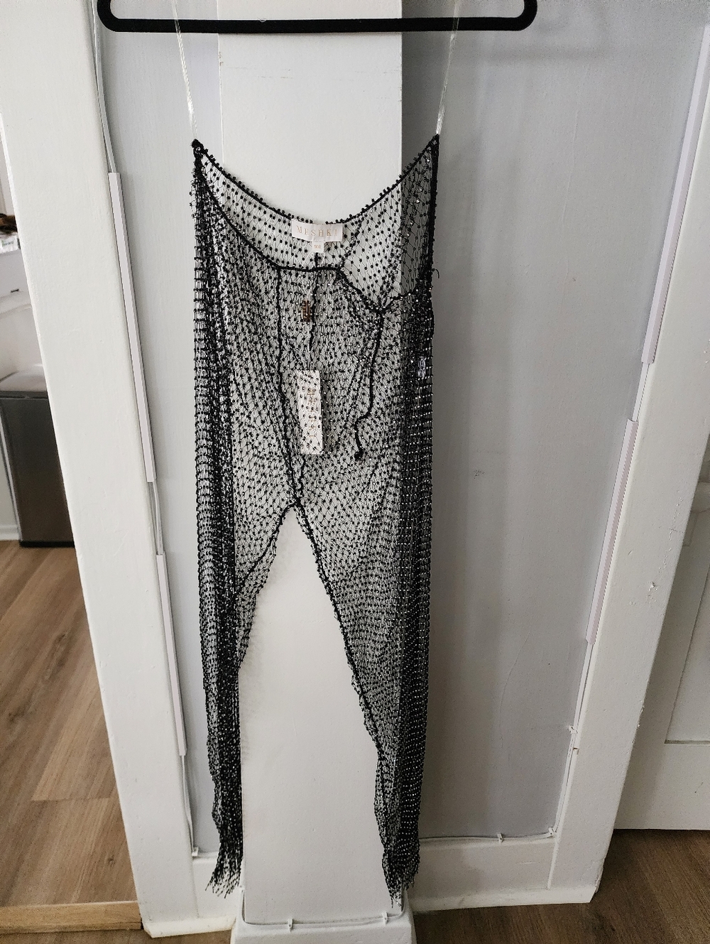 Meshki Black Embellished Fishnet Pants with Rhinestone Accents